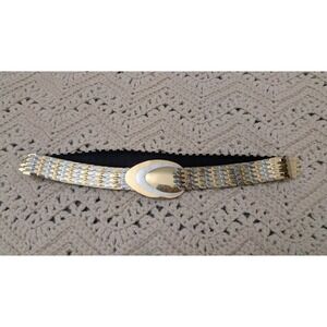 Vintage Mixed Metal Gold Silver Scale Stretch Belt Elastic Waist Cinch 23-36